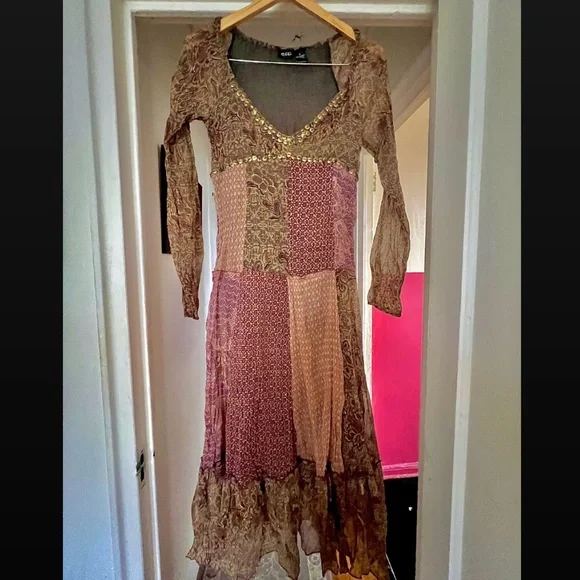 green emerald velvet dress Women's All Roads Lead Here Pink Coral Patchwork Print Maxi Dress | Size: L